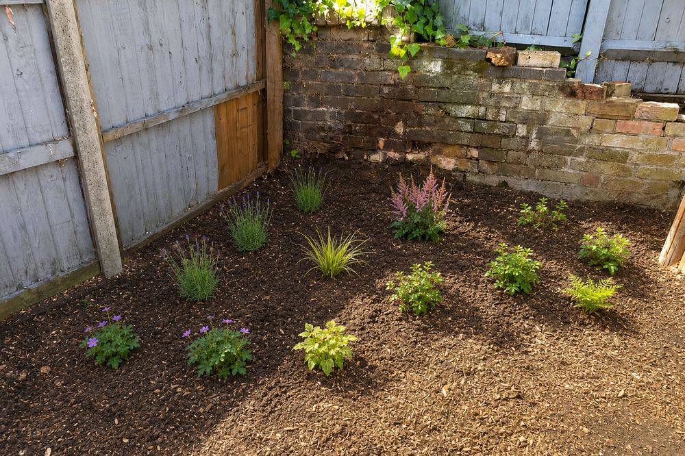 A garden corner replanted after grinding, young shrubs and perennials set into the mulch